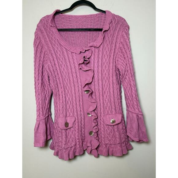 J. Jill Cardigan Sweater Size M Ruffle Front Cotton Cable Knit Pink - Picture 1 of 7